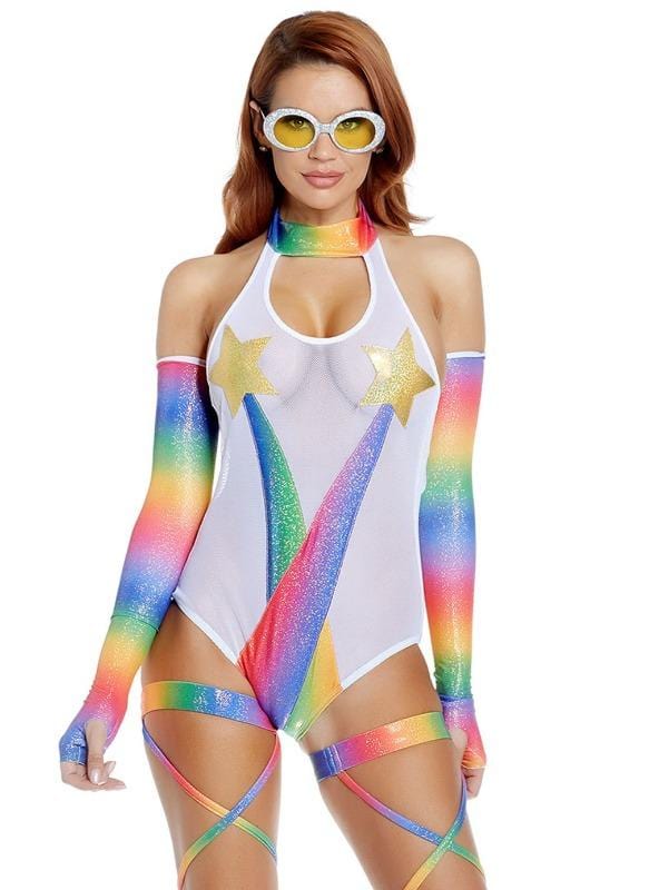 Forplay White Sheer w/ Rainbow Design Bodysuit & Garter Leg Wraps & Long Gloves Apparel & Accessories > Clothing > One Pieces > Jumpsuits & Rompers