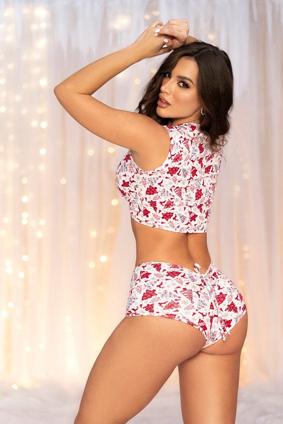 White Sexy Holiday Print Crop Top Booty Short Women's Loungewear White Sexy Holiday Print Crop Top Booty Short Women's Loungewear