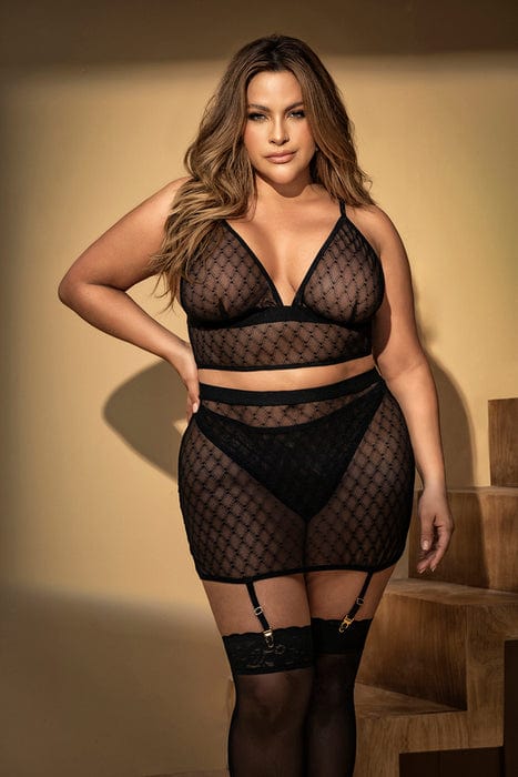Plus Size Sexy Black Mesh Triangle Top, Thong & Skirt 3 Pc. Lingerie Set  (Nude also Available)