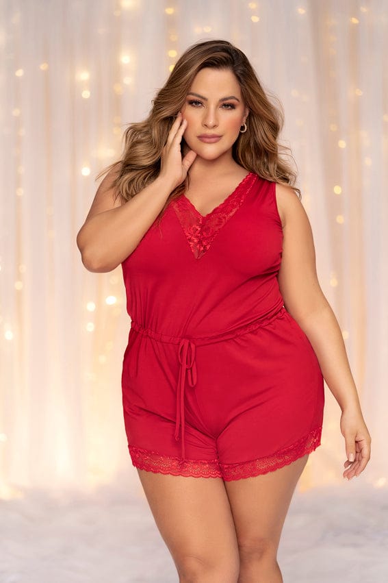 Sexy Red Lace Trim Drawstring Romper Women's Loungewear Lingerie