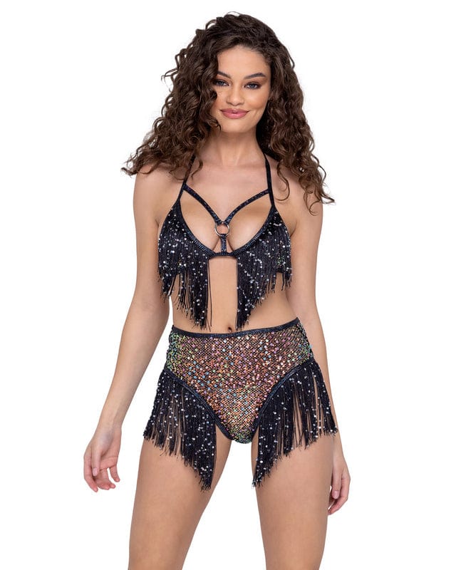 Roma Black Sequin Fishnet w/ Fringe High-Waisted Shorts Festival Ravewear 2023 Black Sequin Fishnet Fringe High-Waisted Shorts Ravewear Apparel & Accessories > Clothing > One Pieces > Jumpsuits & Rompers