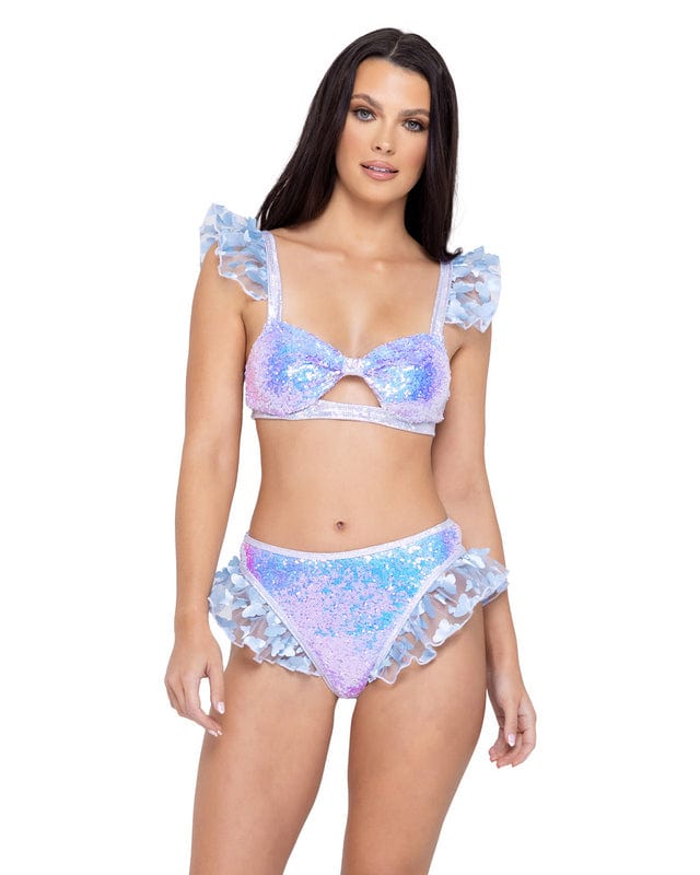Roma Blue Butterfly Ruffle High-Waisted Sequin Shorts Festival Ravewear 2023 Sexy Silver Vinyl Hologram High-Waisted Shorts Ravewear Apparel & Accessories > Clothing > One Pieces > Jumpsuits & Rompers