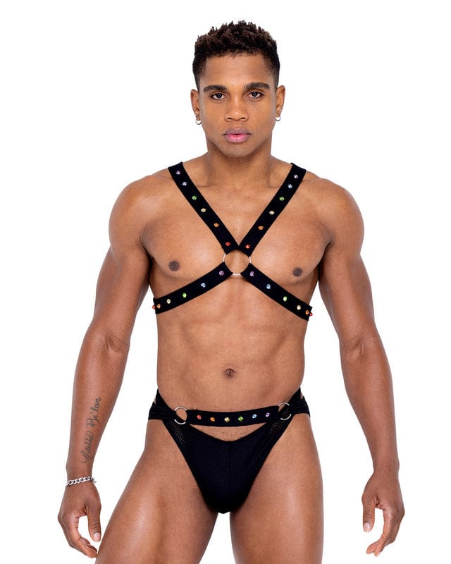 Roma Black Men’s Pride Ring Detail w/ Rainbow Stud Harness (White Also Available) 2023 Sexy Black Men’s Pride Rainbow Stud Harness Top Ravewear Apparel & Accessories > Clothing > Shirts & Tops