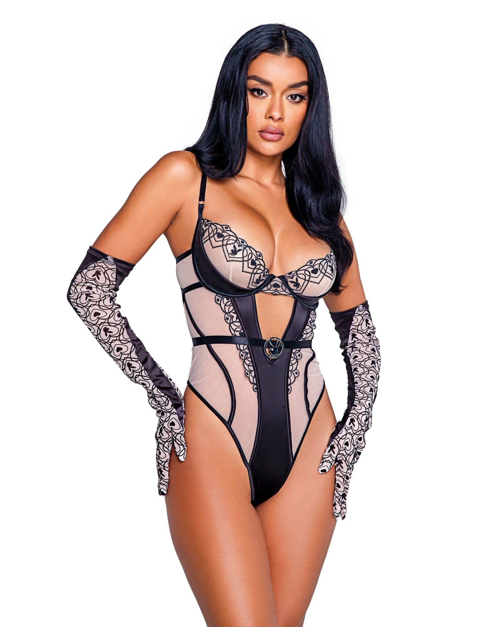 Roma Nude Sheer Mesh Playboy Underwire Top Thong Teddy w/ Logo (Plus Size Available) 2024 Sexy Playboy Pink Sheer Mesh Underwire Thong Teddy Lingerie Apparel & Accessories > Clothing > Underwear & Socks > Lingerie