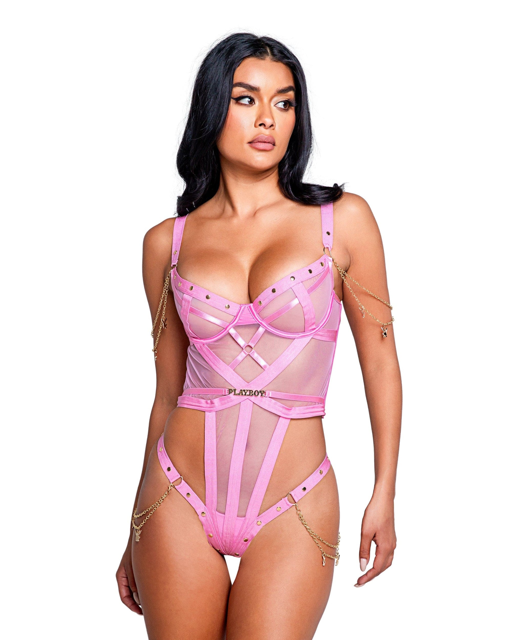 Roma Pink / Small Pink Sheer Mesh Playboy Thong Teddy w/ Logo Chains PBLI124-Pink/Gold-S 2023 Sexy 2 Pc Black Rebel Heart Satin Short Set Lingerie Apparel & Accessories > Clothing > Underwear & Socks > Lingerie