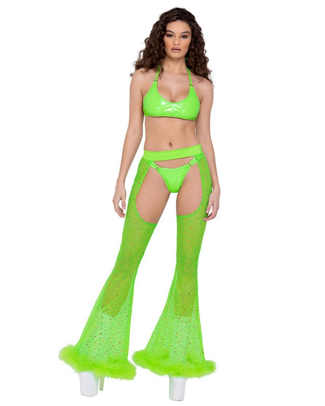 Roma Green Sheer Dotted Marabou Trim Chaps Festival Ravewear 2022 Black Mesh Bell Bottoms Chaps Festival Ravewear Apparel & Accessories > Costumes & Accessories > Costumes