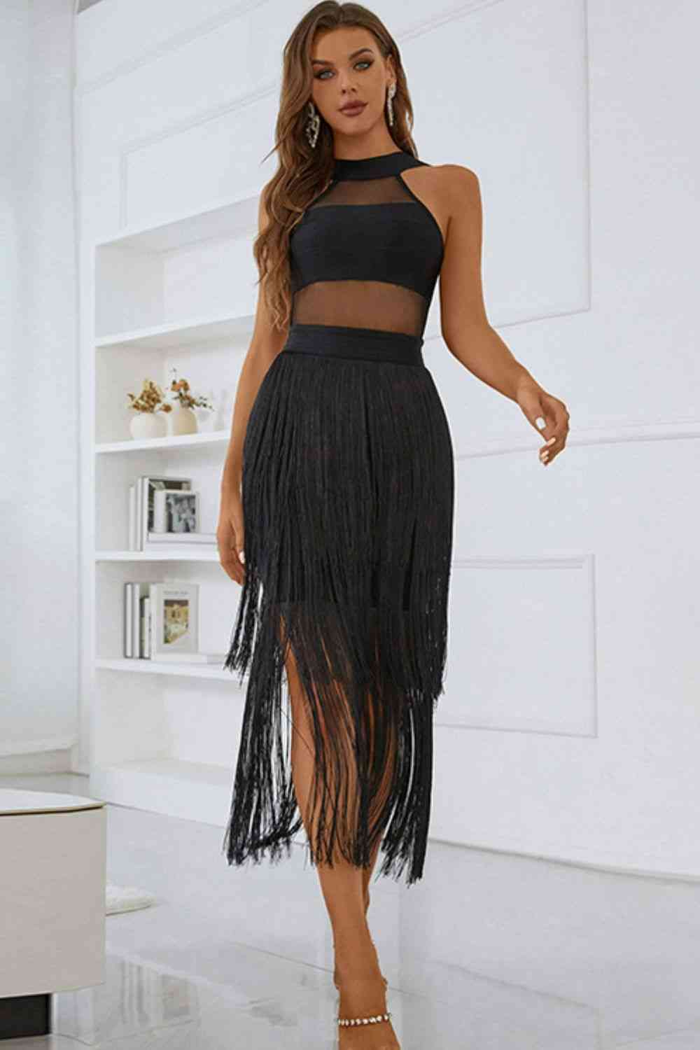 Trendsi Black / S Spliced Mesh Fringe Hem Sleeveless Dress 100101464106820 Apparel &amp; Accessories &gt; Clothing &gt; Dresses