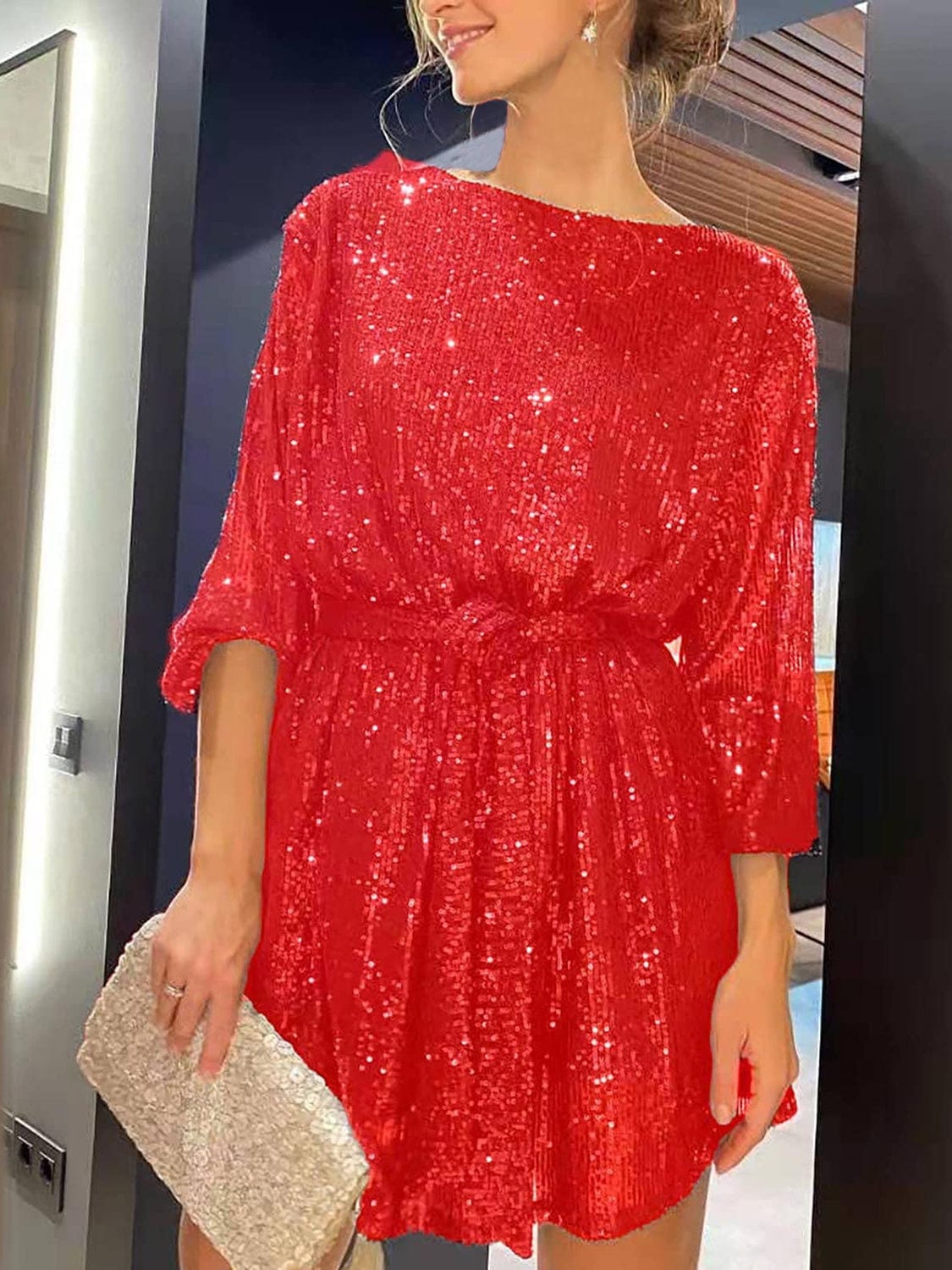 Trendsi Deep Red / S Sequin Tie Waist Long Sleeve Mini Dress 100100208491110 Sequin Tie Waist Long Sleeve Mini Dress Apparel & Accessories > Clothing > Dresses