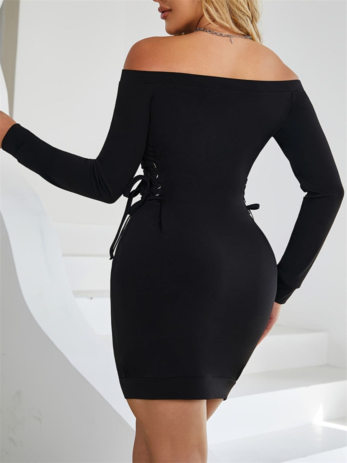 Trendsi Lace-Up Off Shoulder Long Sleeve Mini Dress Lace-Up Off Shoulder Long Sleeve Mini Dress Apparel & Accessories > Clothing > Dresses