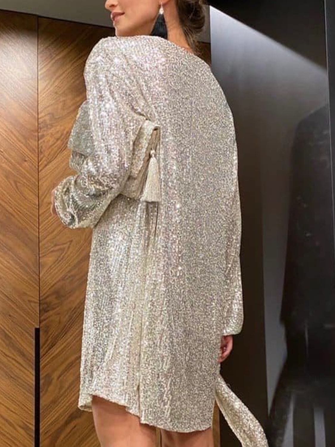 Trendsi Sequin Tie Waist Long Sleeve Mini Dress Sequin Tie Waist Long Sleeve Mini Dress Apparel & Accessories > Clothing > Dresses