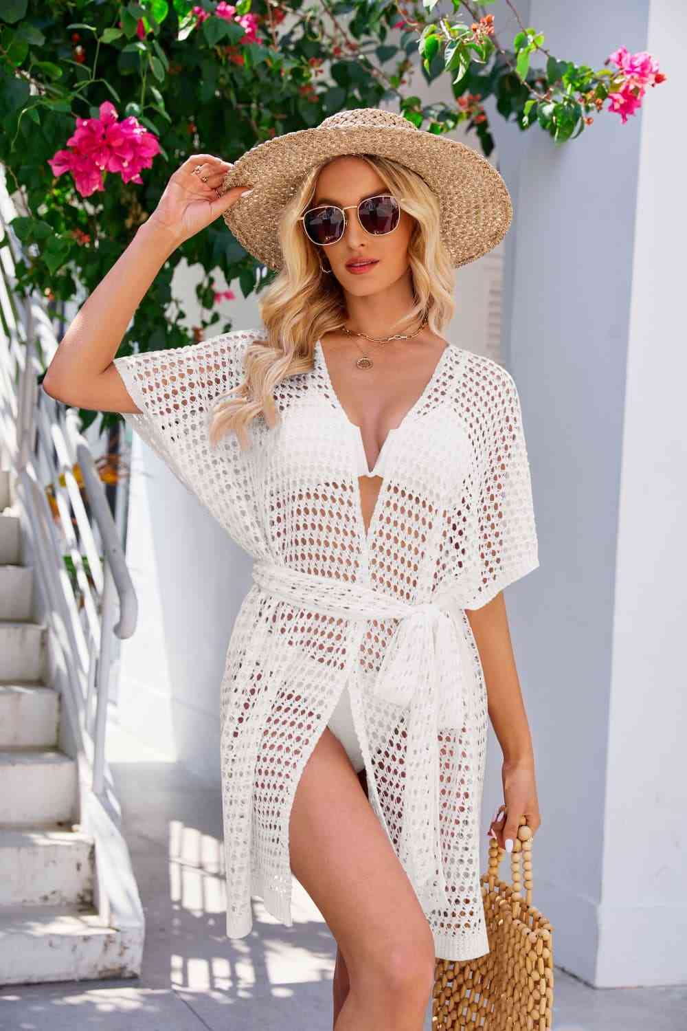 Trendsi White / S Openwork Tie Waist Cover Up 100100211877354 Apparel & Accessories > Clothing > Dresses