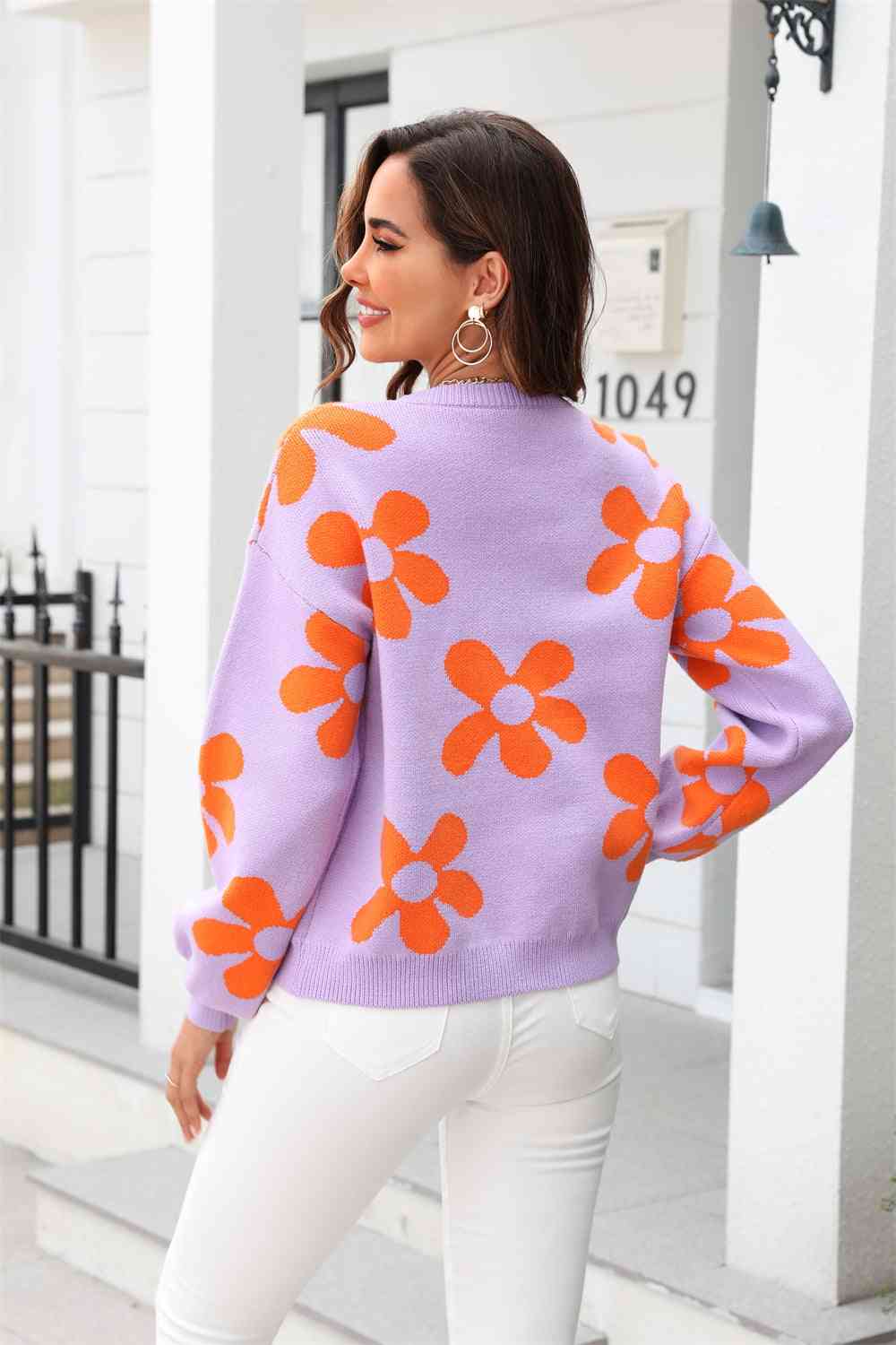 Trendsi Lavender / S Floral Print Round Neck Dropped Shoulder Pullover Sweater 100100628823049 Apparel & Accessories > Clothing > Shirt & Tops