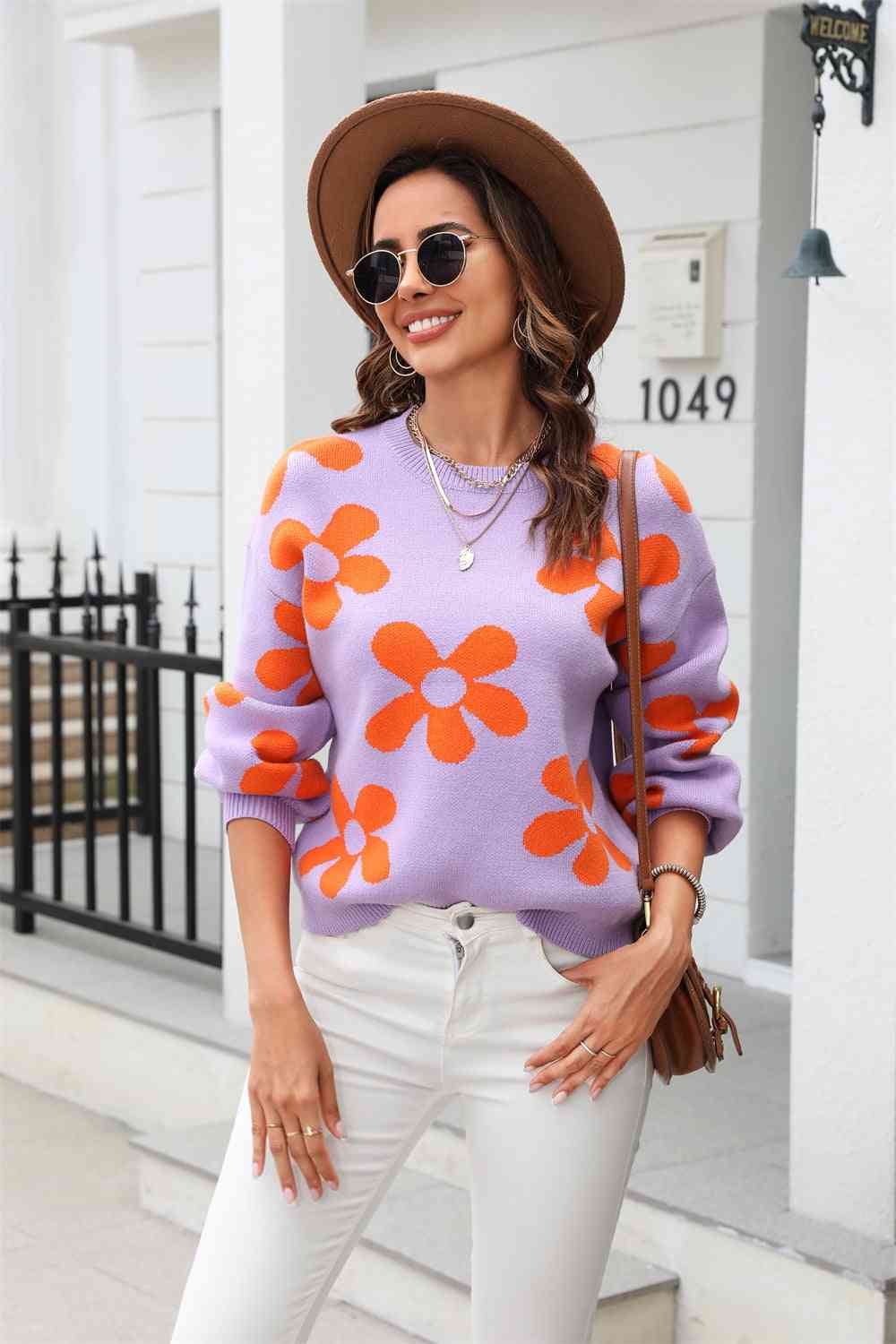 Trendsi Lavender / S Floral Print Round Neck Dropped Shoulder Pullover Sweater 100100628823049 Apparel & Accessories > Clothing > Shirt & Tops