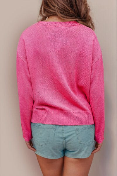 Trendsi Hot Pink / S XOXO Heart Round Neck Dropped Shoulder Sweater 100100076671287 Apparel & Accessories > Clothing > Shirt & Tops