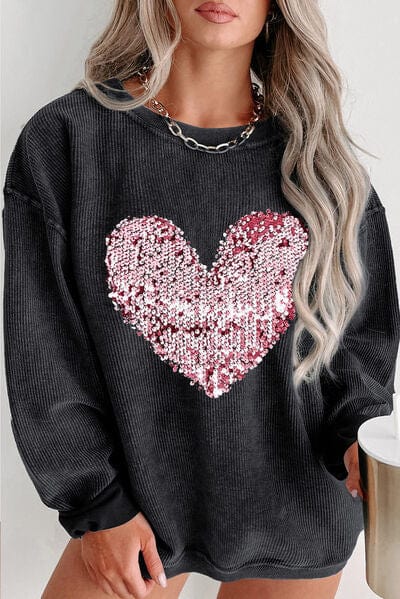 Trendsi Black / 1XL Plus Size Heart Sequin Round Neck Sweatshirt 100100235731282 Apparel & Accessories > Clothing > Sleepwear & Loungewear > Robes