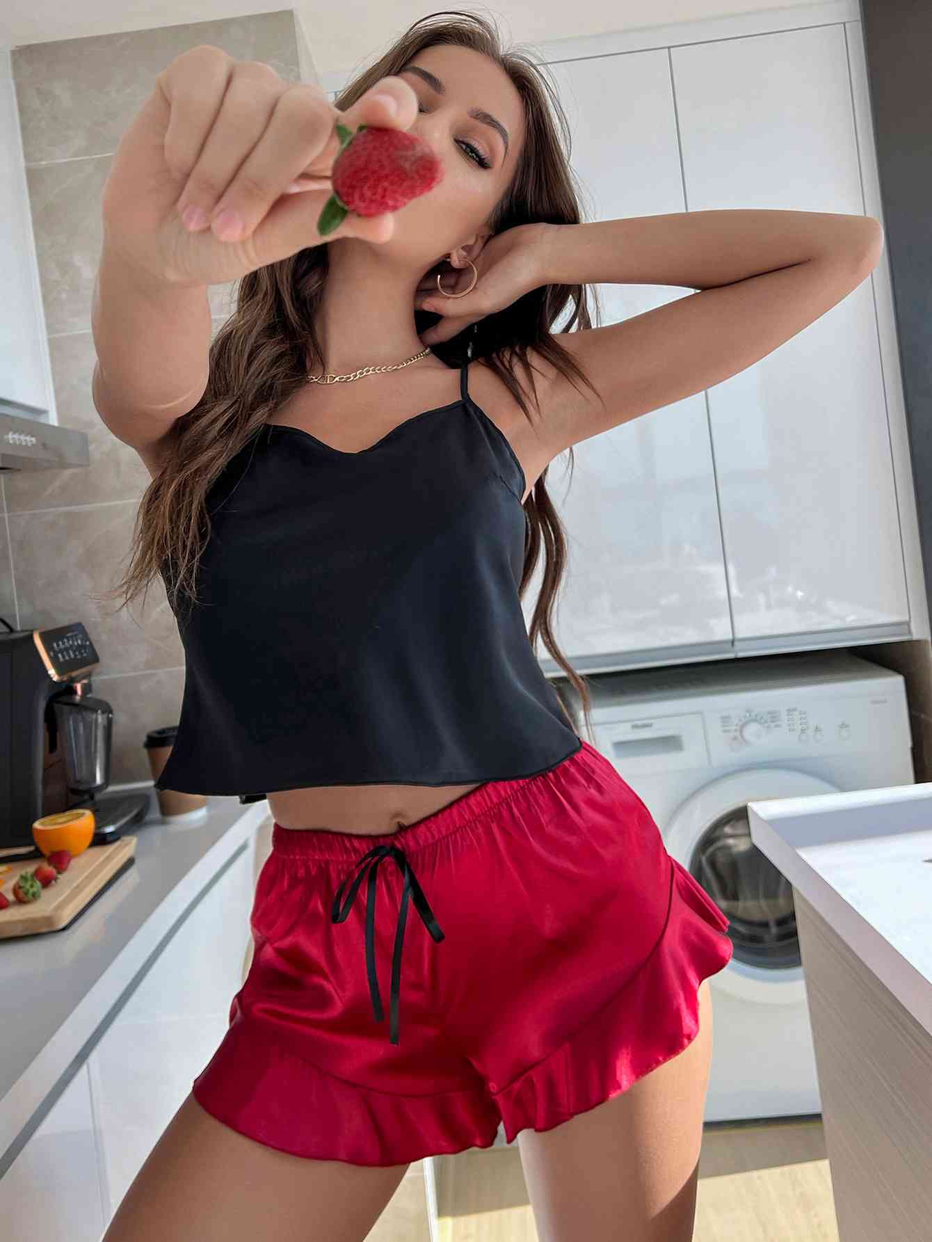 Trendsi Black/Red / S Two-Tone Cropped Cami and Ruffle Hem Satin Pajama Set 100100001475666 Apparel & Accessories > Clothing > Sleepwear & Loungewear > Robes