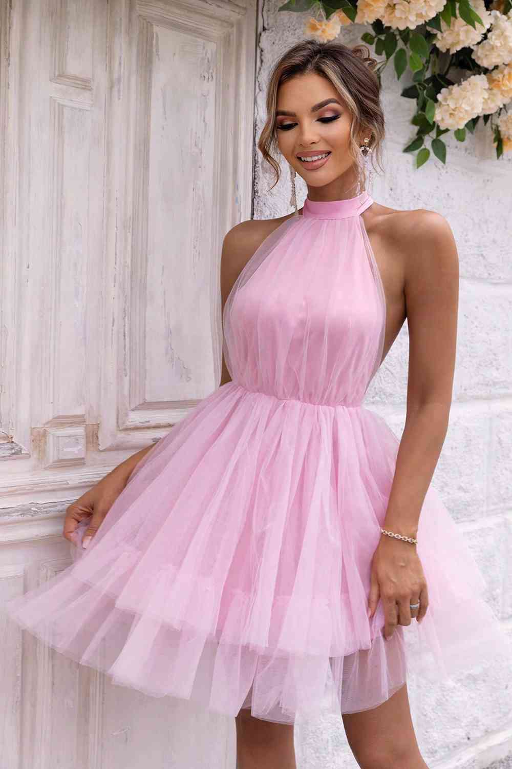 Trendsi Blush Pink / XS Halter Neck Backless Mesh Dress 100101581693288 Apparel &amp; Accessories &gt; Clothing &gt; Sleepwear &amp; Loungewear &gt; Robes