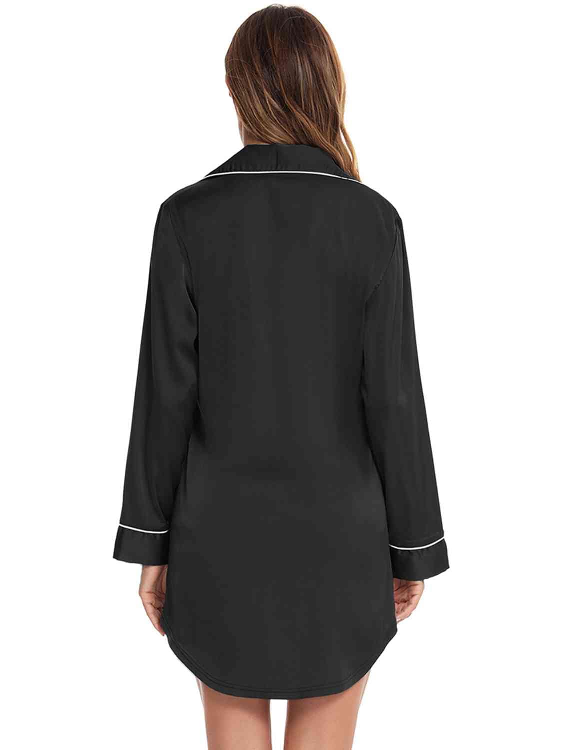 Trendsi Black / S Button Up Lapel Collar Night Dress with Pocket 101100834675047 Apparel & Accessories > Clothing > Sleepwear & Loungewear > Robes