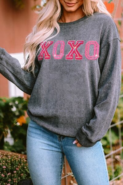 Trendsi Charcoal / S XOXO Round Neck Dropped Shoulder Sweatshirt 100101583183909 Apparel & Accessories > Clothing > Sleepwear & Loungewear > Robes