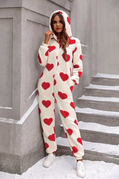 Trendsi Deep Red / S Fuzzy Heart Zip Up Hooded Lounge Jumpsuit 100100527461016 Apparel & Accessories > Clothing > Sleepwear & Loungewear > Robes