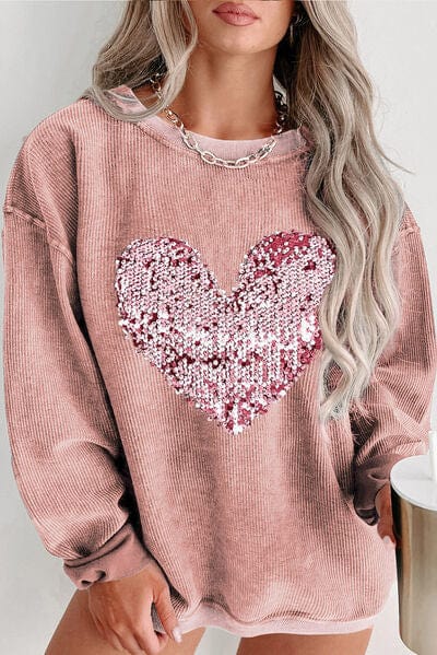 Trendsi Dusty Pink / 1XL Plus Size Heart Sequin Round Neck Sweatshirt 100100235737041 Apparel &amp; Accessories &gt; Clothing &gt; Sleepwear &amp; Loungewear &gt; Robes