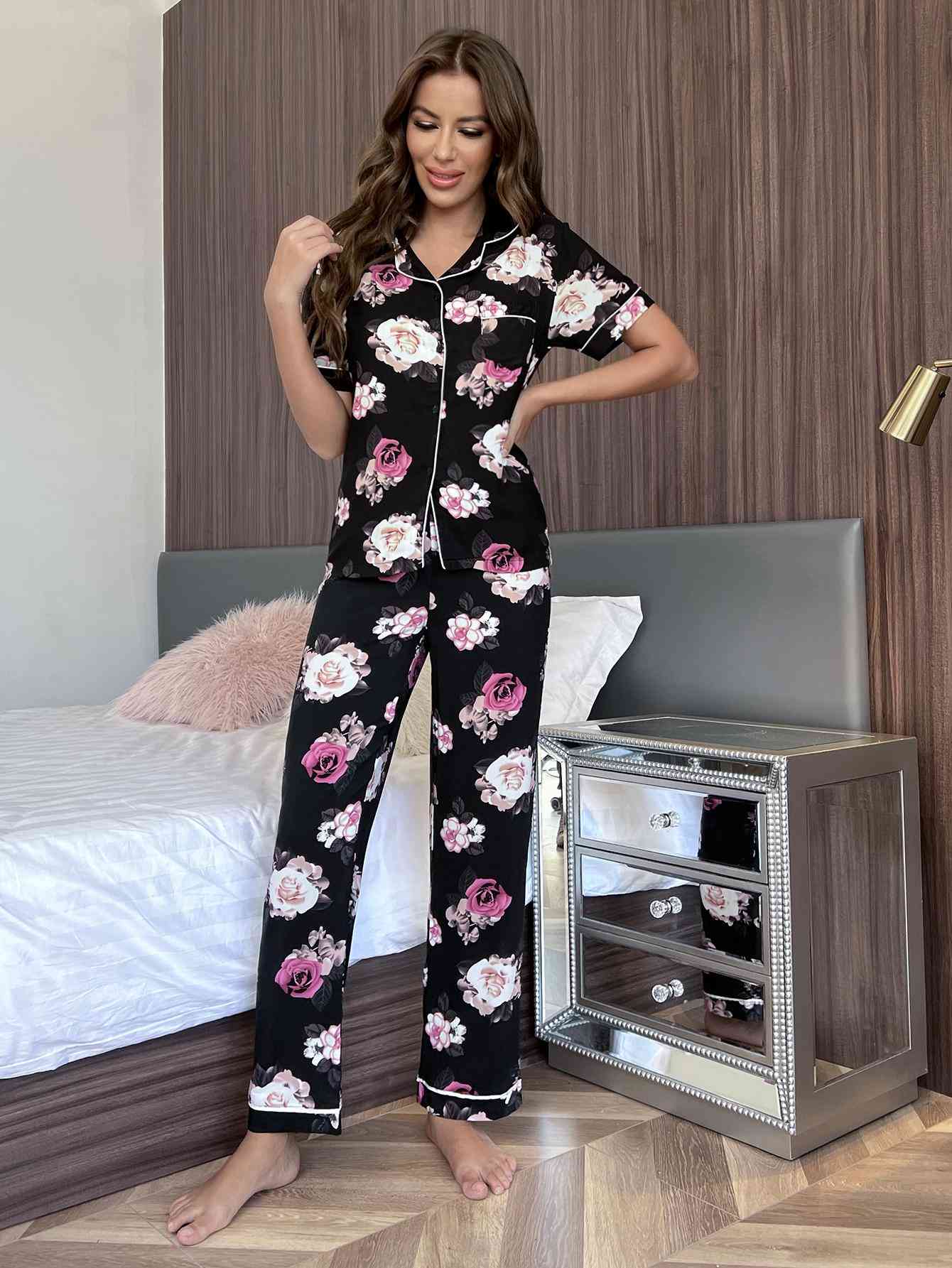 Trendsi Floral / S Floral Short Sleeve Shirt and Pants Lounge Set 100100471663935 Apparel & Accessories > Clothing > Sleepwear & Loungewear > Robes