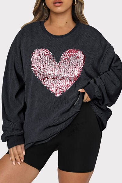 Trendsi Black / 1XL Plus Size Heart Sequin Round Neck Sweatshirt 100100235731282 Apparel & Accessories > Clothing > Sleepwear & Loungewear > Robes