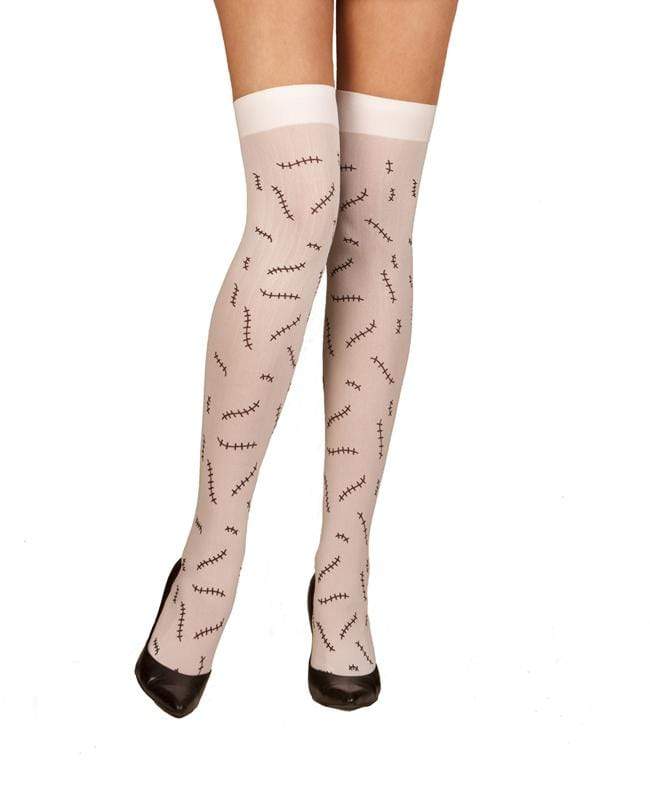 Elegant Moments White / One Size White Opaque Thigh High w/ Stitches Print Stockings Costume SHC-1867-EM Apparel &amp; Accessories &gt; Clothing &gt; Pants