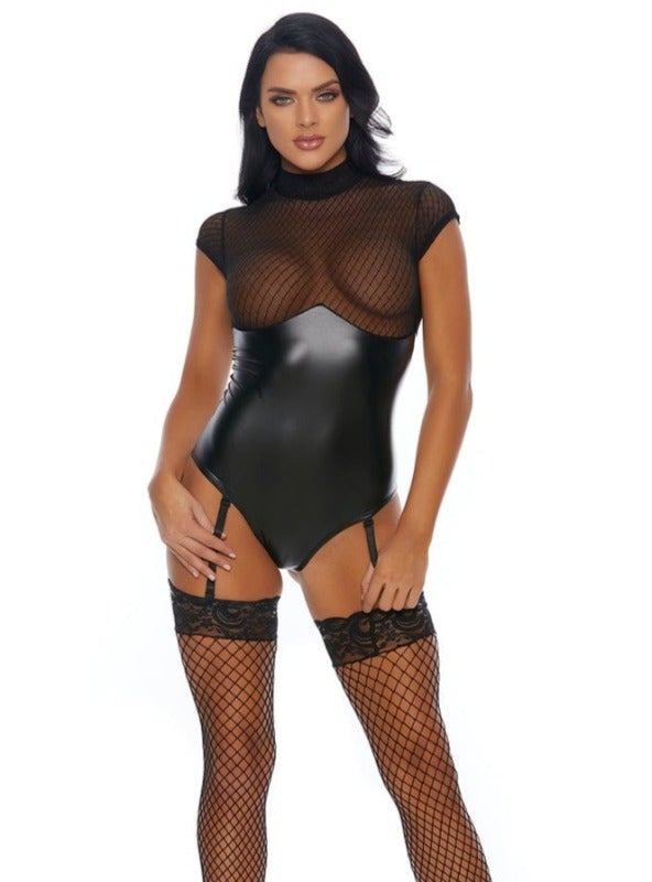 Sexy Black Fishnet Faux Leather Bodysuit Forplay 669250