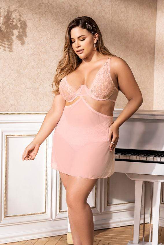 mapale Pink Floral Lace Underwire Top Babydoll w/ Interlaced Tie & Garter G-String (Plus Size) 2021 Black Floral Lace & Mesh Babydoll G-string Lingerie MAPALE 7373X Apparel & Accessories > Clothing > Underwear & Socks > Lingerie
