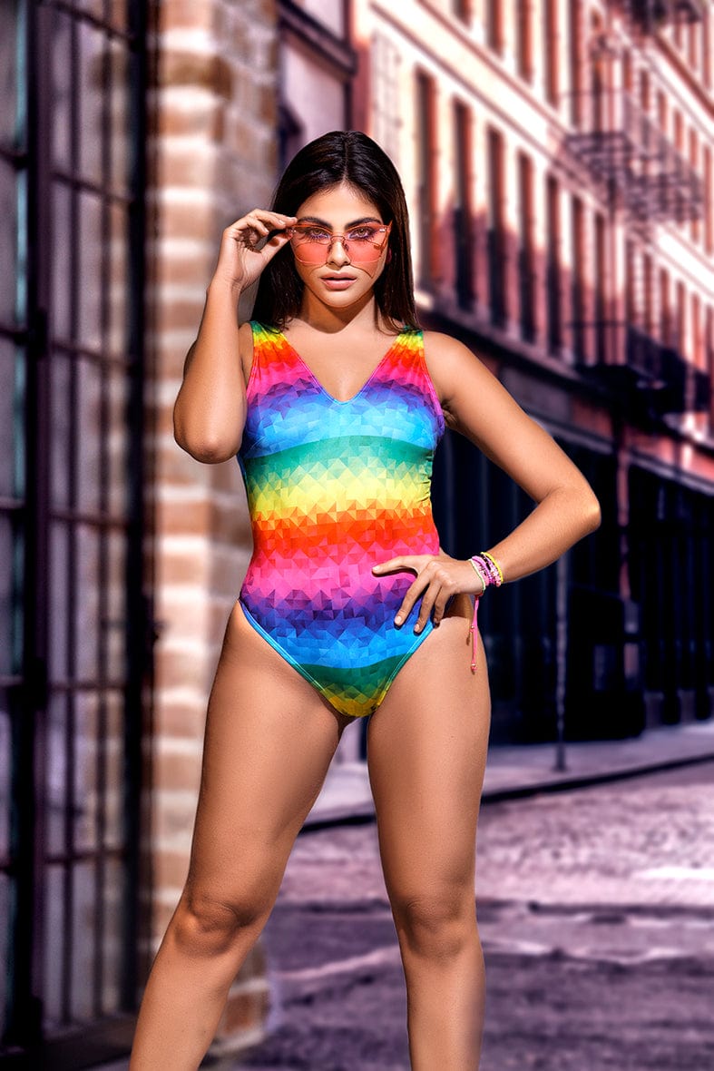 mapale Rainbow Print Strappy Back Bodysuit Lingerie 2022 Rainbow Print Halter Underboob Bodysuit Lingerie MAPALE 2690 Apparel & Accessories > Clothing > Underwear & Socks > Lingerie
