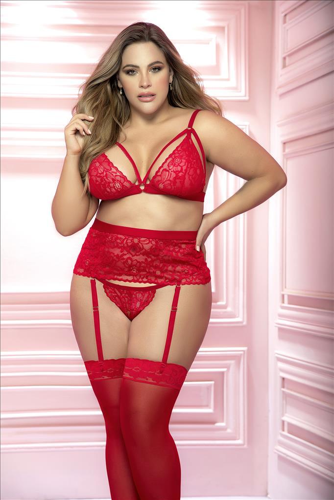 mapale Red / 1/2X Red Lace Bra, Thong, and Garter 3 Piece Set in Plus Size SHC-8561X-1/2-RED-MA Red Lace Bra, Thong and Garter 3 Piece Set in Plus Size | MAPALE 8561X Apparel & Accessories > Clothing > Underwear & Socks > Lingerie