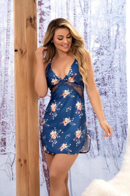 mapale Small / Print Blue Floral Print w/ Lace Chemise Sleep Lounge Lingerie SHC-7398-1-S-MA 2021 Red Floral Lace Satin Bow Chemise Lingerie Mapale 7398 Apparel & Accessories > Clothing > Underwear & Socks > Lingerie