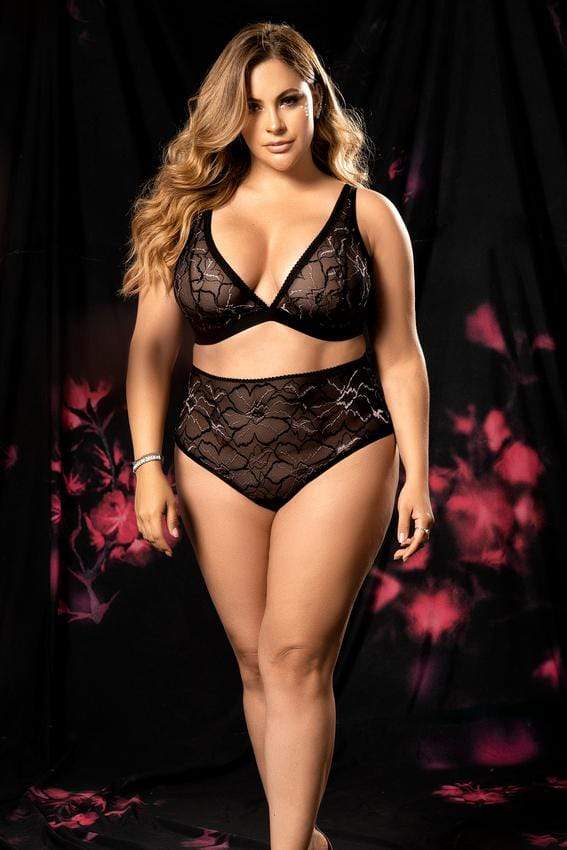 mapale S/M / Black Black Strap w/ Floral Lace Top & High Waisted Cheeky Bottom (Plus Size) SHC-8648X-BLK-S/M-MA 2021 Red Lace Triangle Top Ruffle Detail & Thong Lingerie MAPALE 8648X Apparel & Accessories > Clothing > Underwear & Socks > Underwear