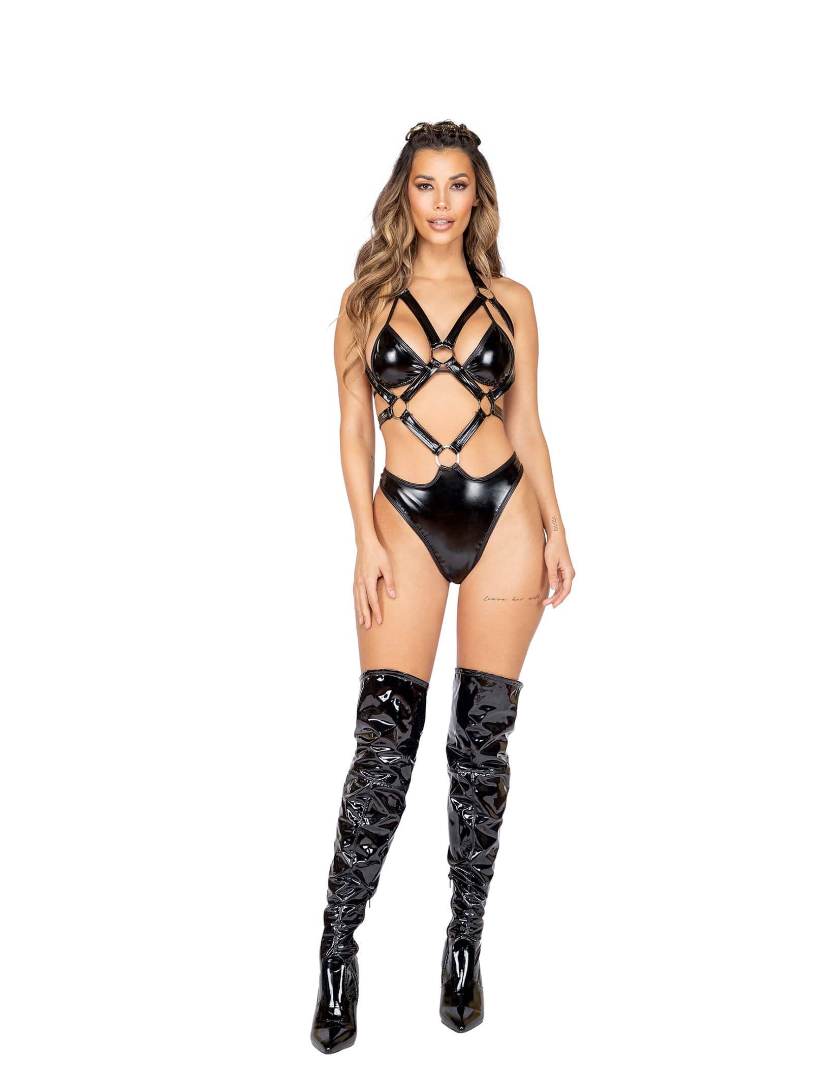 Roma Black One Piece Latex Holster Romper w/ Ring Detail Apparel & Accessories > Clothing > One Pieces > Jumpsuits & Rompers