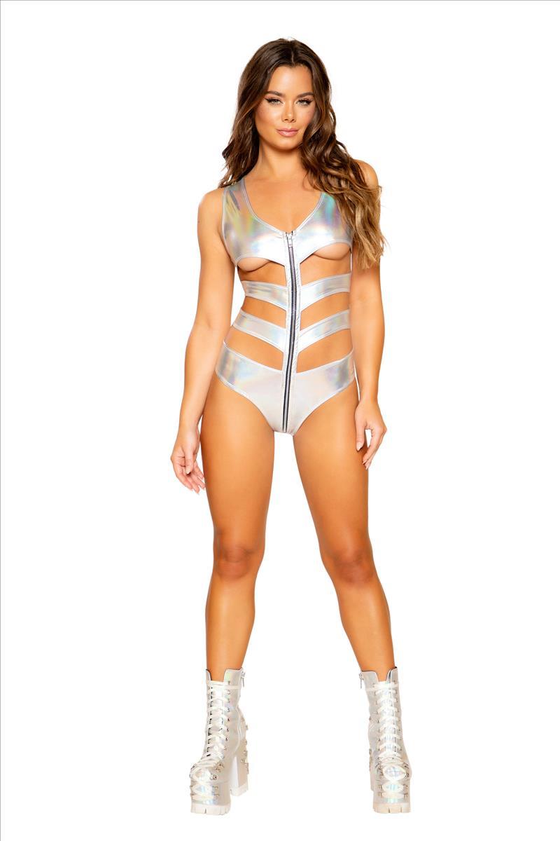Roma S/M / Blue Blue Iridescent Metallic Cutout Romper with Zipper Closure (Silver also available) SHC-3699-BLUE-S/M-ROMA Apparel & Accessories > Clothing > One Pieces > Jumpsuits & Rompers