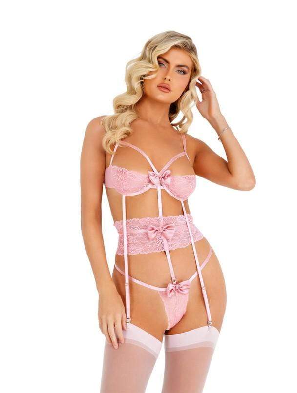 Roma Small / Pink Pink Bow Underwire Teddy SHC-LI437-PINK-S Pink Lace Strappy Thong Bow Underwire Teddy | ROMA COSTUME LI437 Apparel &amp; Accessories &gt; Clothing &gt; One Pieces &gt; Jumpsuits &amp; Rompers