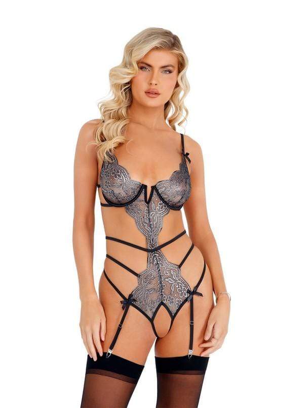 Roma X-Small / Silver/Black Silver/Black Strappy Metallic Crotchless Teddy SHC-LI403-Slvr/Blk-XS Silver/Black Strappy Metallic Crotchless Teddy | ROMA COSTUME LI403 Apparel & Accessories > Clothing > One Pieces > Jumpsuits & Rompers
