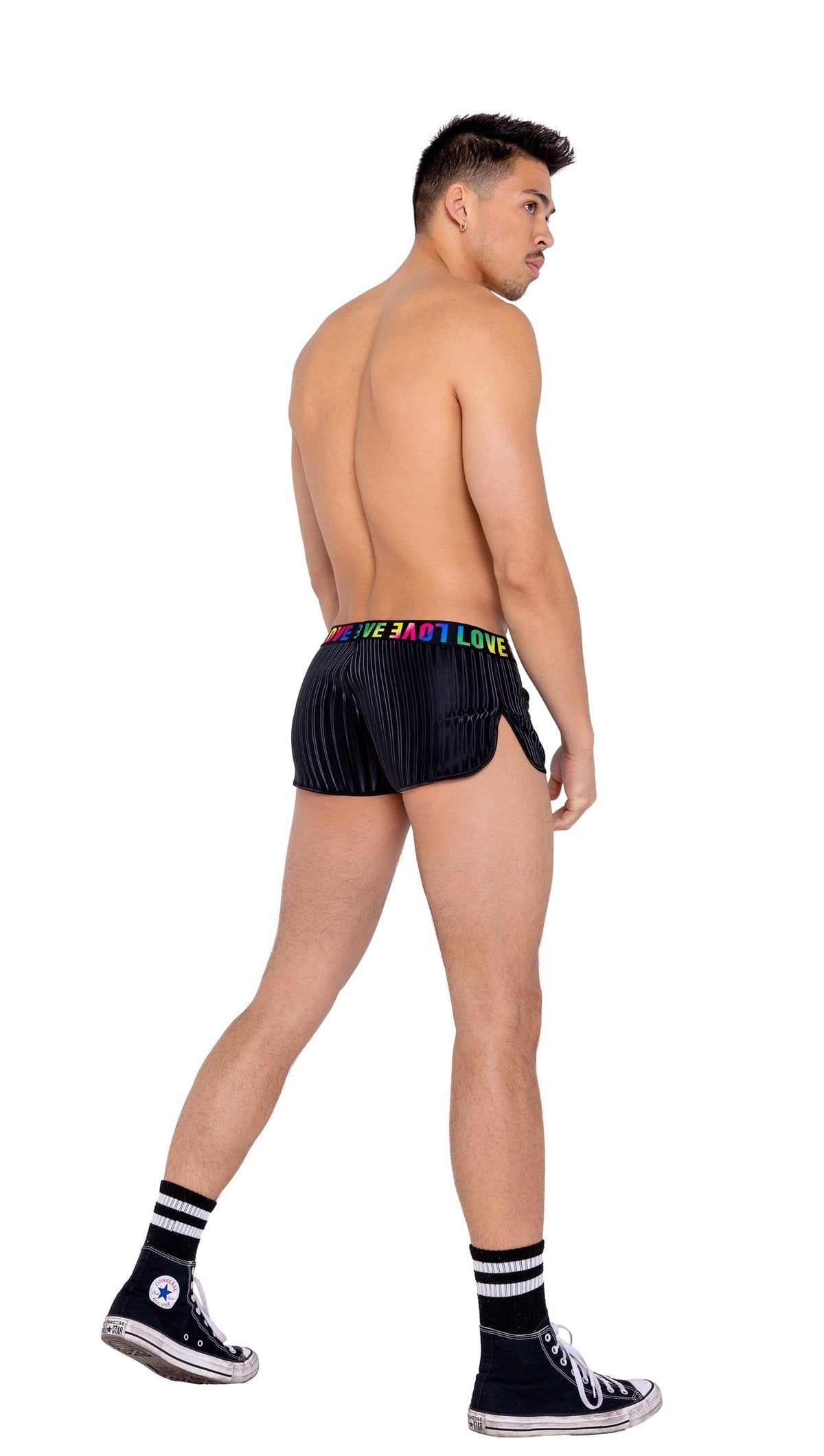 Roma Black Men’s Pride w/ LOVE Elastic Band Runner Shorts 2022 Black Men’s Pride Attached Garters Chain Detail Thong Ravewear Apparel &amp; Accessories &gt; Clothing &gt; Shirts &amp; Tops