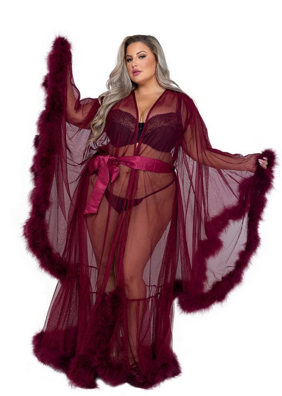 Sheer Lace Trim Purple & Red & Black & White & Pink Robe With Thong –