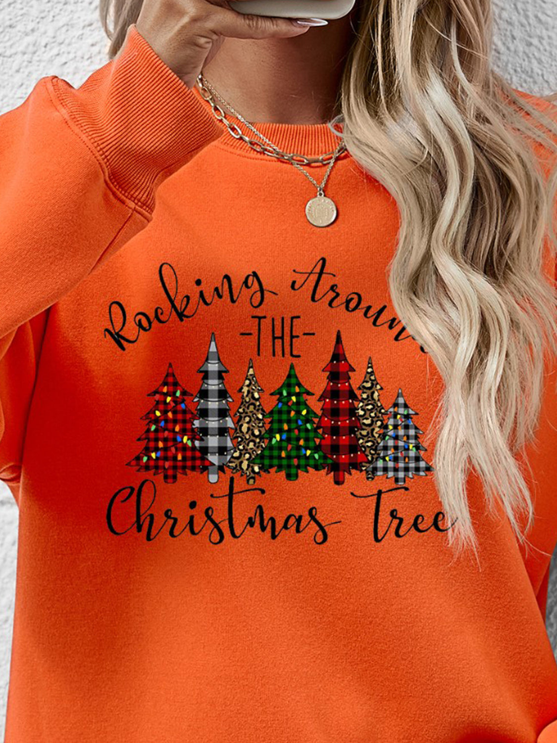 Orange w/ Christmas Tree Graphic Round Neck Women&#39;s Sweatshirt