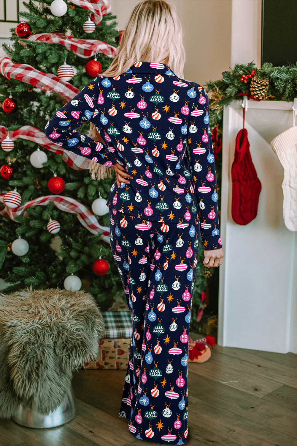 Navy Blue Christmas Lights Print Collared Neck Top and Pants Women&#39;s Pajama Set