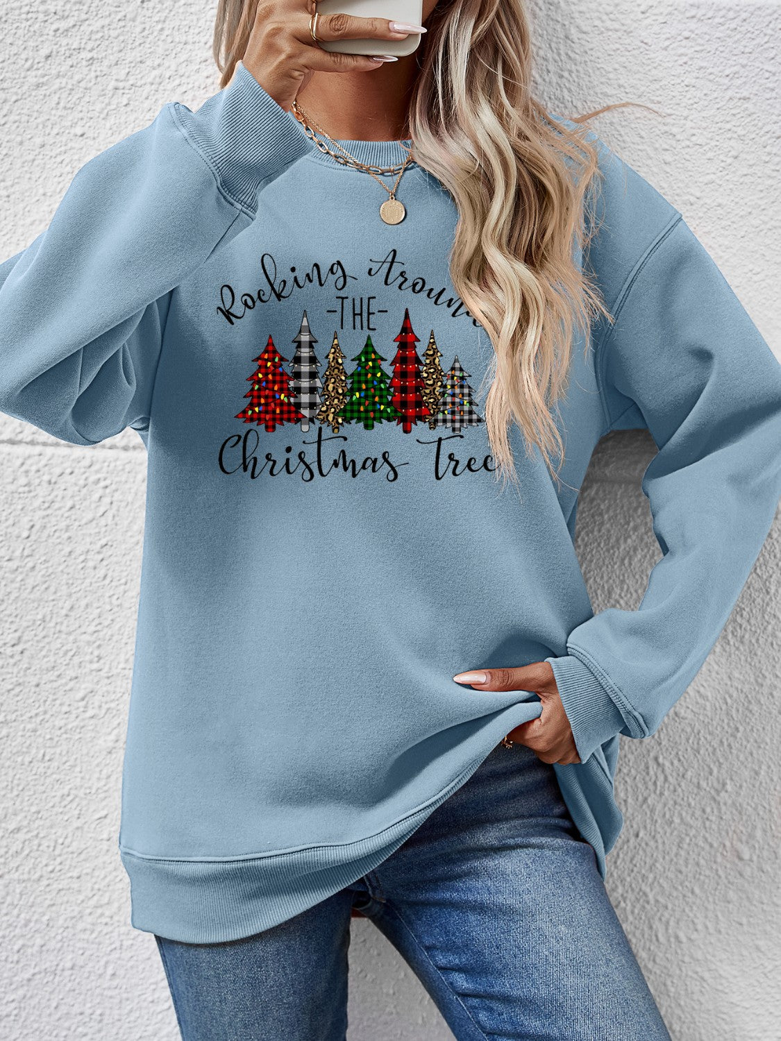 Orange w/ Christmas Tree Graphic Round Neck Women&#39;s Sweatshirt