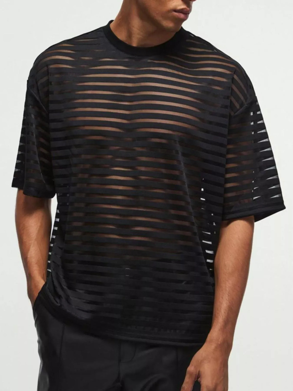 Trendsi Men's Full Size Sheer Striped Round Neck T-Shirt Plus Size Men's Full Size Sheer Striped Round Neck T-Shirt Plus Size Apparel & Accessories > Clothing > Dresses