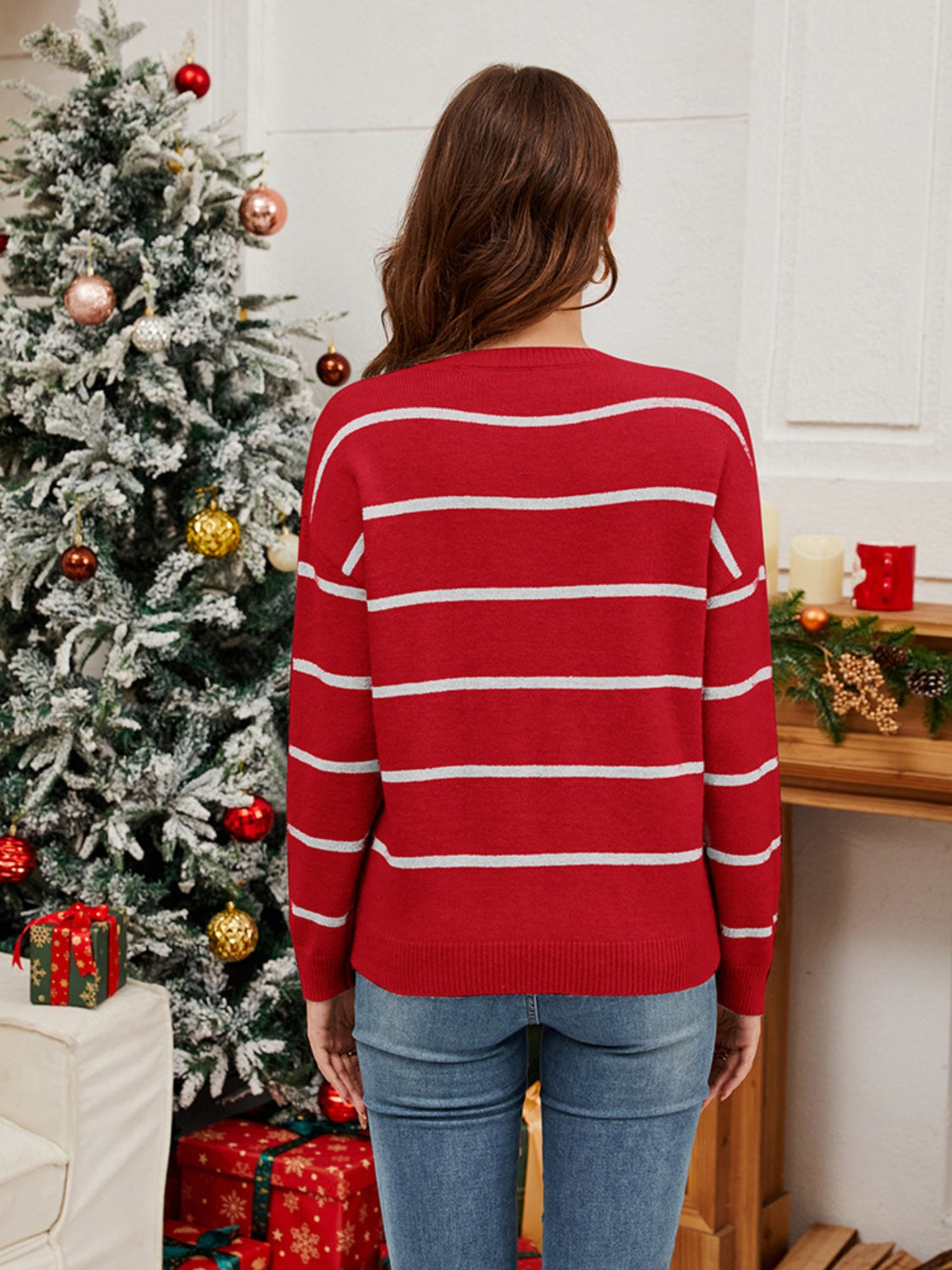 Sequin Santa Striped Round Neck Long Sleeve Green Women&#39;s Sweater