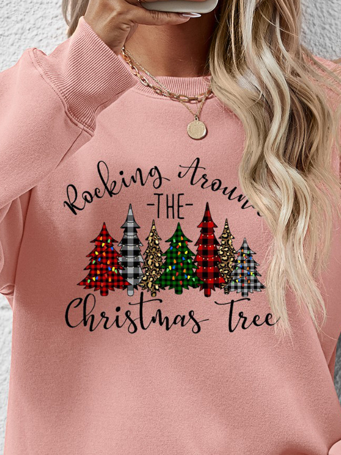 Orange w/ Christmas Tree Graphic Round Neck Women&#39;s Sweatshirt