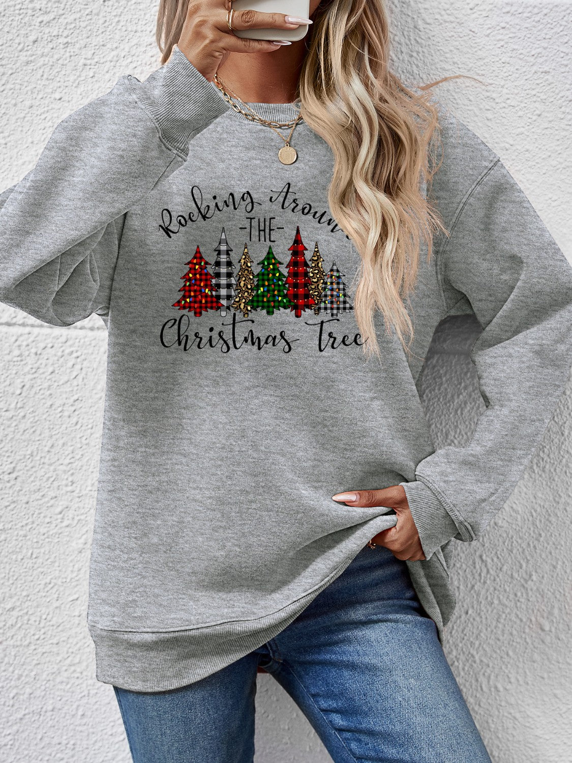 Orange w/ Christmas Tree Graphic Round Neck Women&#39;s Sweatshirt