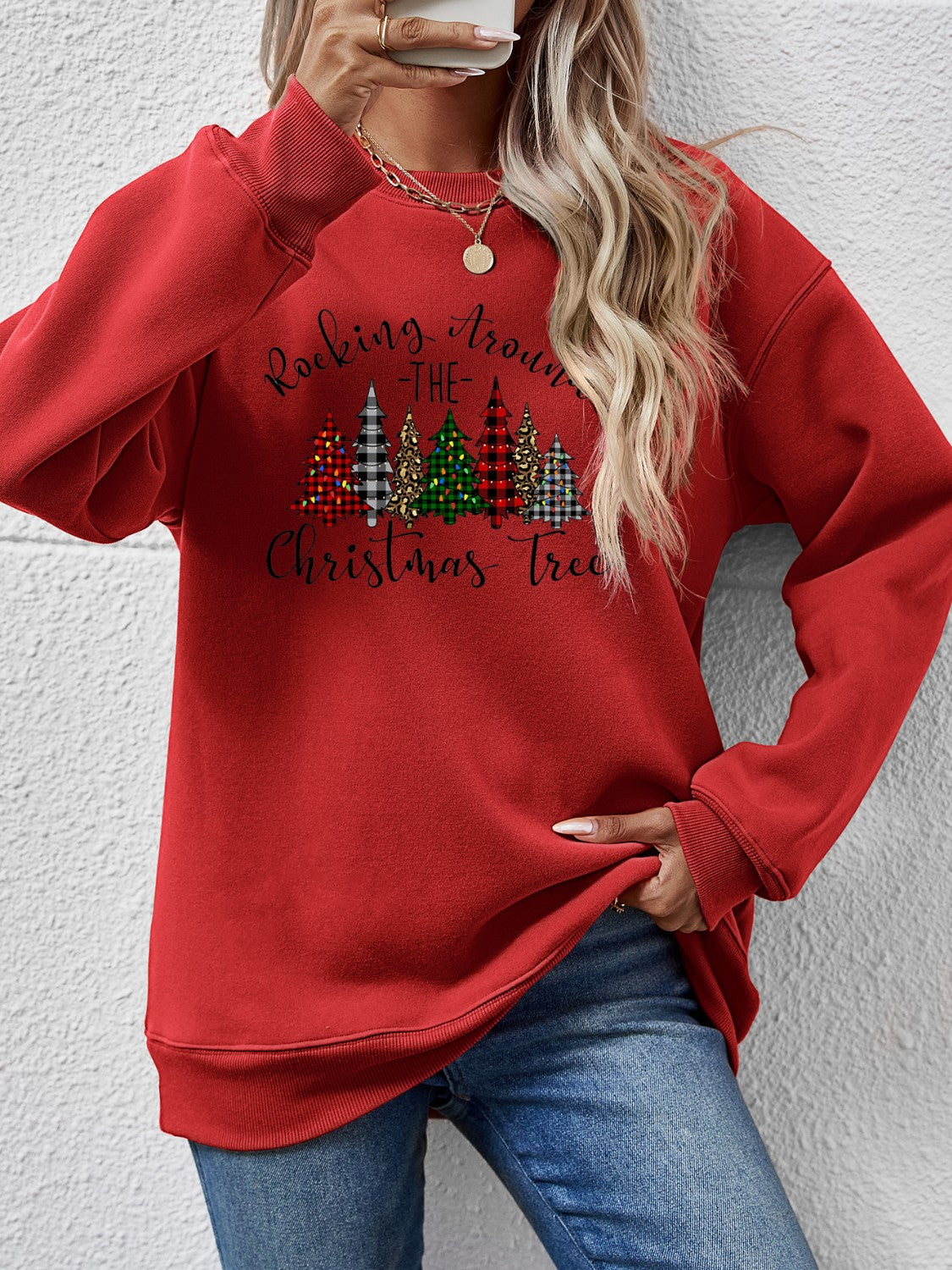 Orange w/ Christmas Tree Graphic Round Neck Women&#39;s Sweatshirt