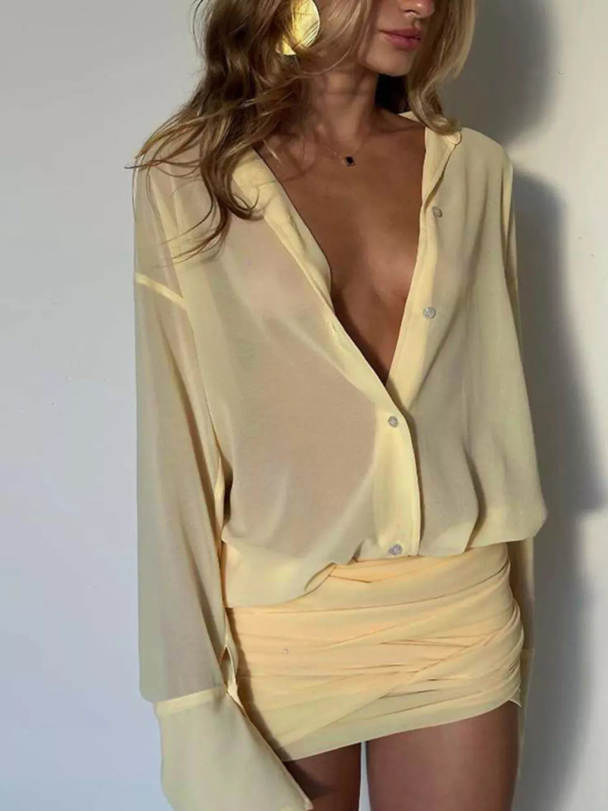 Trendsi Sheer Button-Down Mini Shirt Dress with Back Tie Sheer Button-Down Mini Shirt Dress with Back Tie Apparel & Accessories > Clothing > Dresses