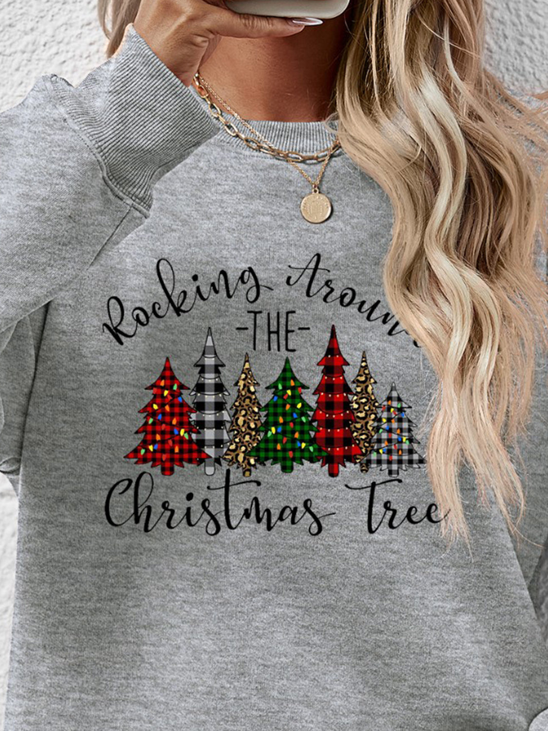 Orange w/ Christmas Tree Graphic Round Neck Women&#39;s Sweatshirt